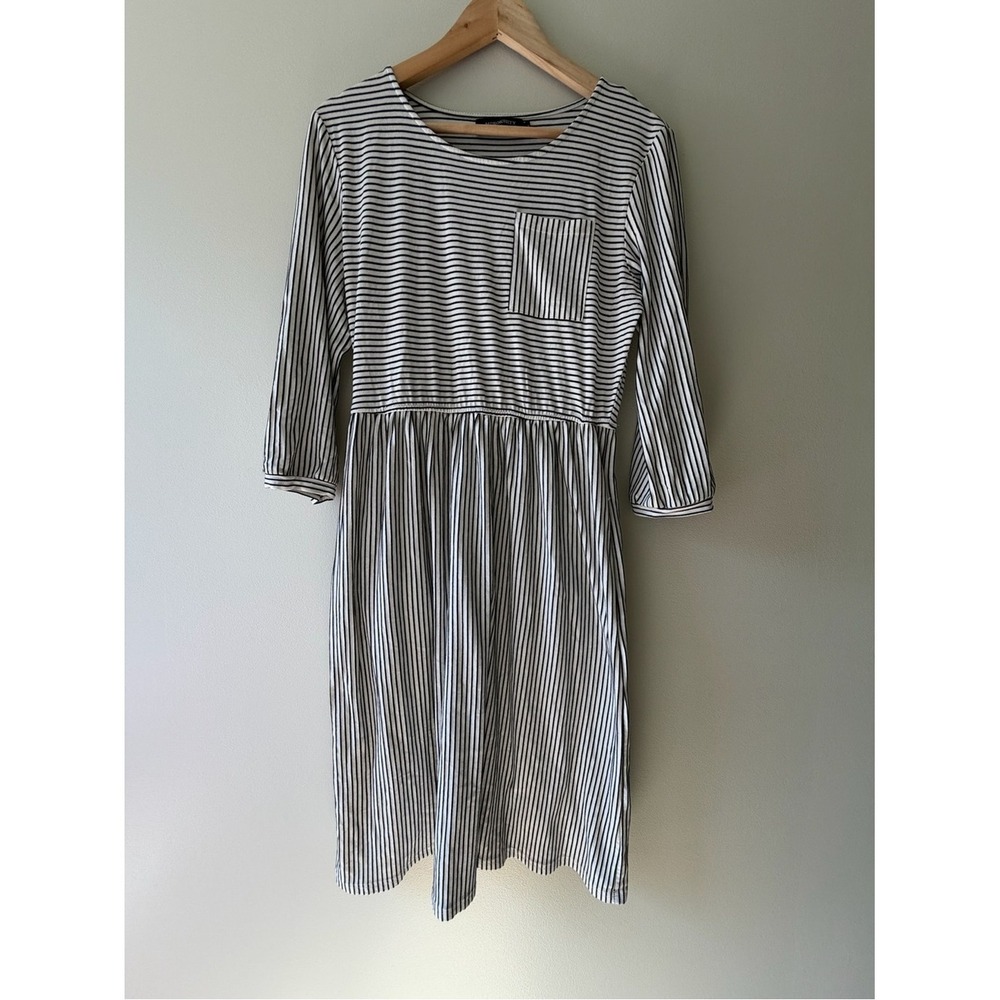 Nautical Minimalist Merokeety Midi Dress L Black White Striped 3/4 Sleeve Pocket - Picture 7 of 7